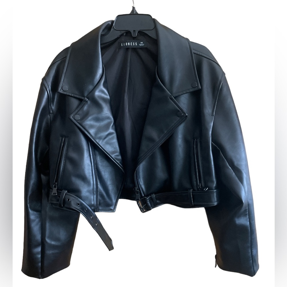 Lioness Black Cropped Faux Leather Moto Jacket
